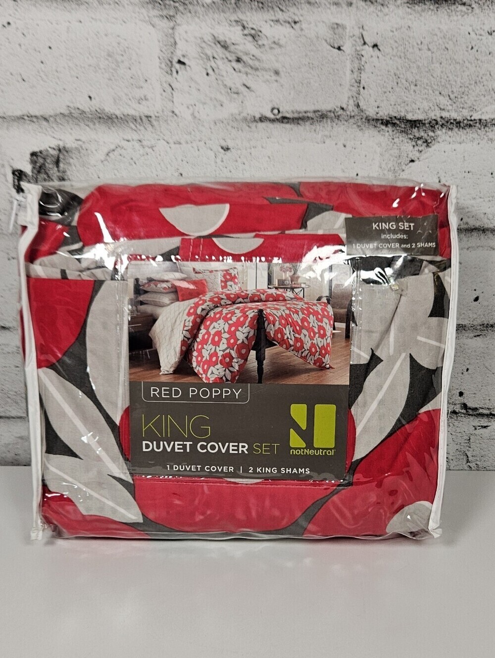notNeutral Red Poppy King Duvet Cover Set 100% Cotton Floral Bedding NWT
